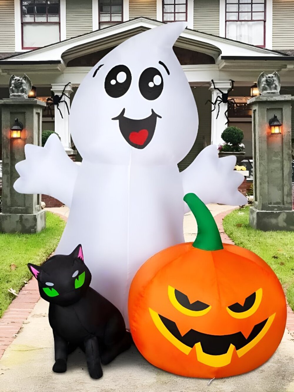 Halloween Inflatable 5FT Ghost with Black Cat and Pumpkin, Built-in LEDs Blow Up